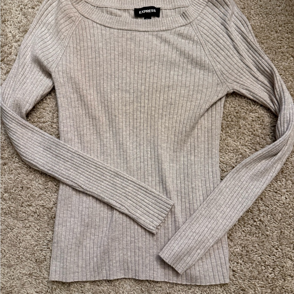 Express Women's Ribbed Crew Neck Sweater - Light Gray